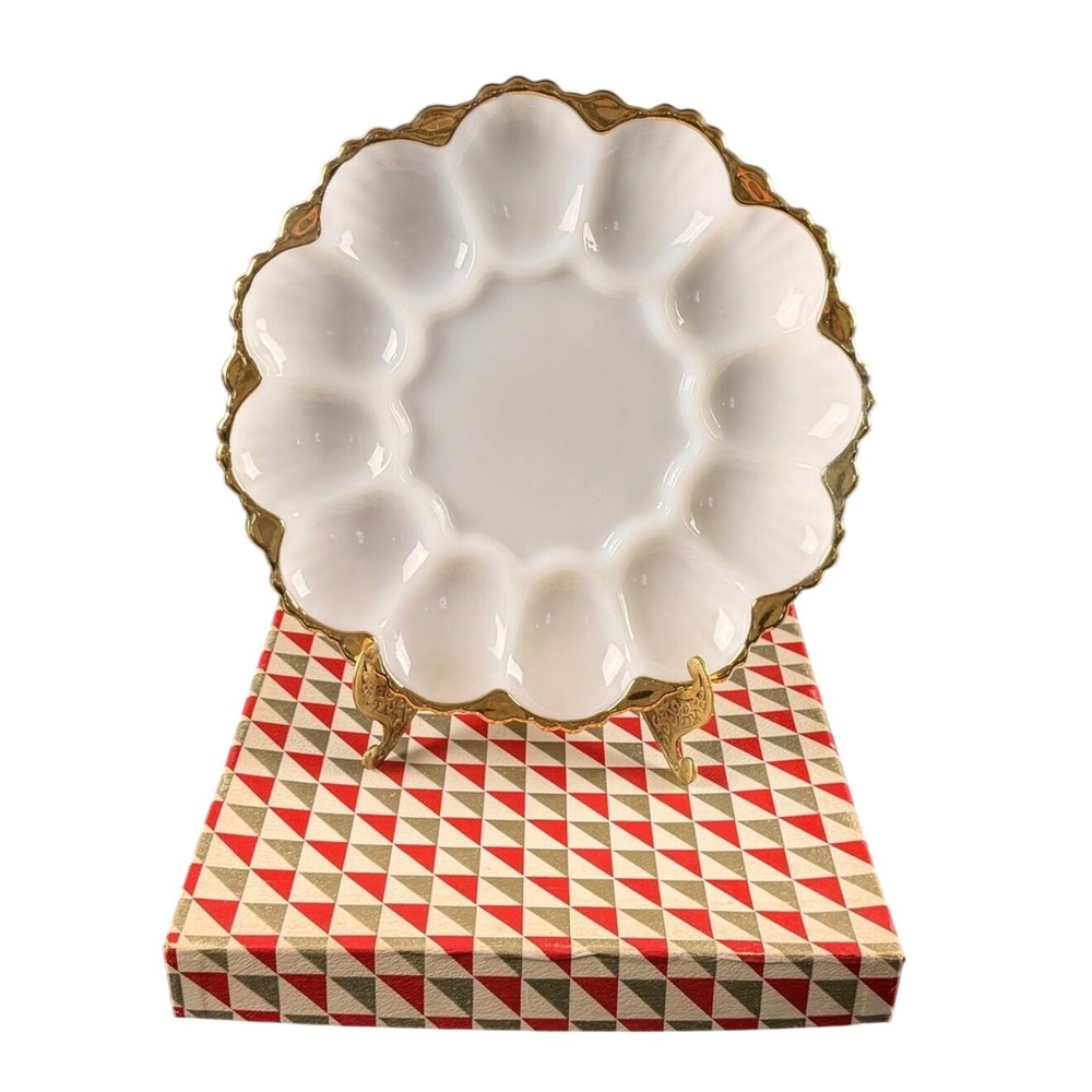 Vintage Anchor Hocking Milk Glass Deviled Egg Plate Gold Trim Scalloped U.S.A.